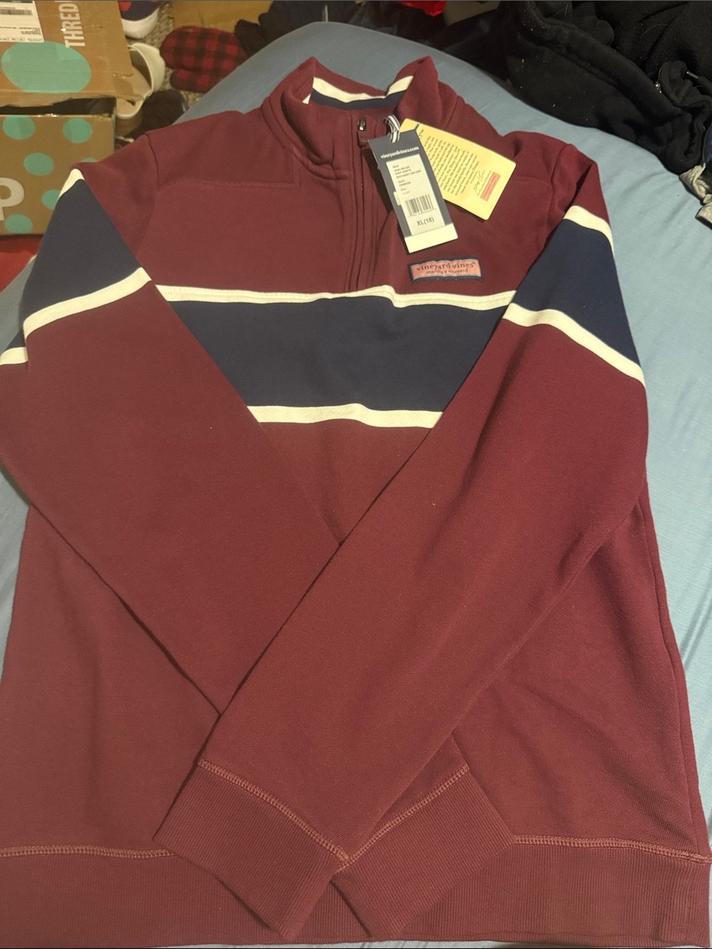 Vineyard Vines Burgundy Half-Zip Pullover with Navy and White Stripes